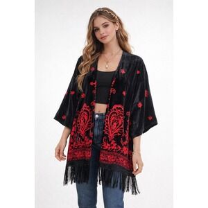 Urban Outfitters Velvet Burnout Kimono Top OS Red Black Fringe Boho Festival NWT